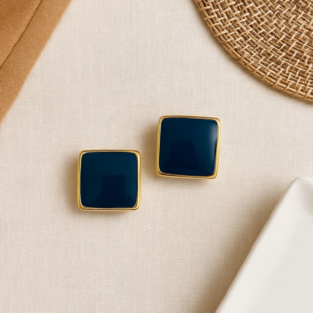 Vintage 80s C.M.Lent Gold & Navy Enamel Square Fashion Clip-On Earrings - Picture 16 of 16